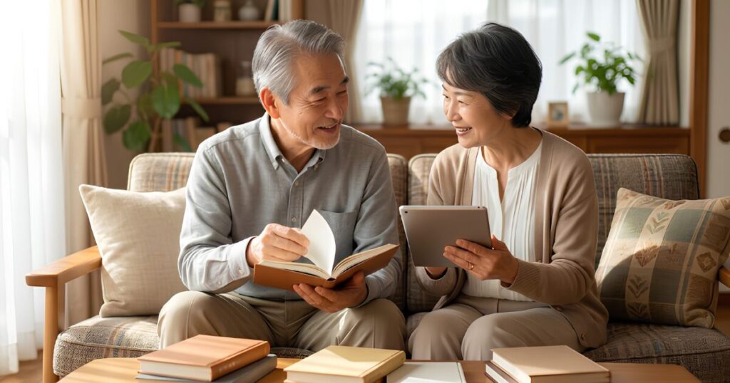 リビングのソファに座り、手書きのエンディングノートと、タブレット端末に表示された終活アプリを笑顔で見比べる高齢の日本人夫婦（70代）。自分たちに合ったツールの活用をイメージ。