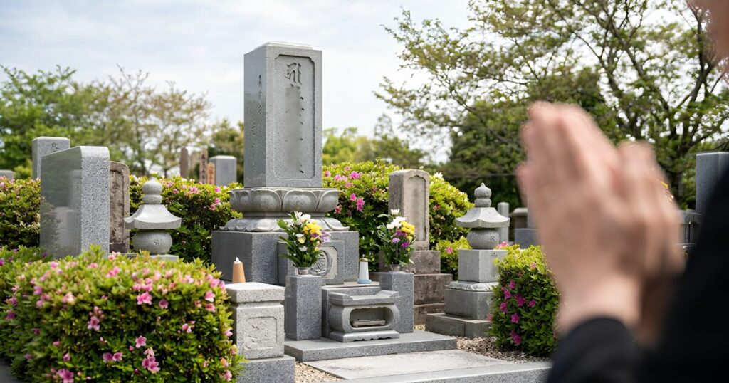 多くの遺骨が一緒に埋葬される、静かな日本の合祀墓の風景。