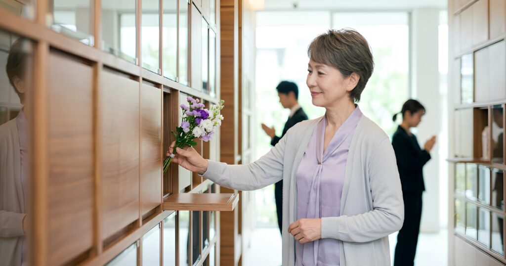 明るく近代的な納骨堂の参拝ブースで、穏やかな表情で花を手向ける日本人の独身女性。