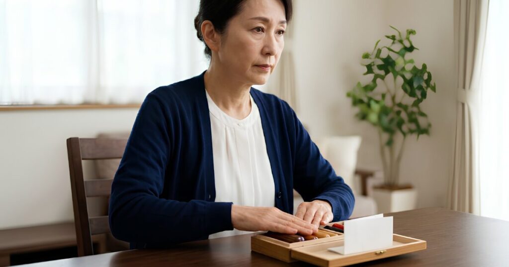 実印（印鑑）の入った箱を前に、真剣な表情で座る日本人女性。同居親族などからの「お前の遺産はゼロだ」という不当な宣告や理不尽なハンコ要求（相続放棄の強要）に対し、自身の法的権利（遺留分侵害額請求など）を守るため拒否する意思を示している。