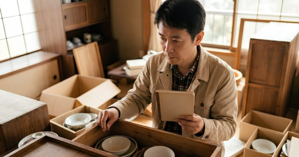 遺産ゼロの実家で遺品整理（片付け）をする50代の日本人男性。古いタンスや食器、未整理の段ボール箱が並ぶ中、形見分けと処分行為のリスク（借金の相続）を考慮しながら慎重に品物を確認している。