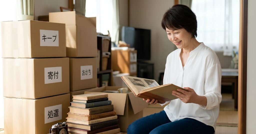 実家の片付けをする日本の女性。思い出の品を手に取りながら、断捨離（荷物の整理）を計画的に進めている。終活に向けた家じまいの様子。