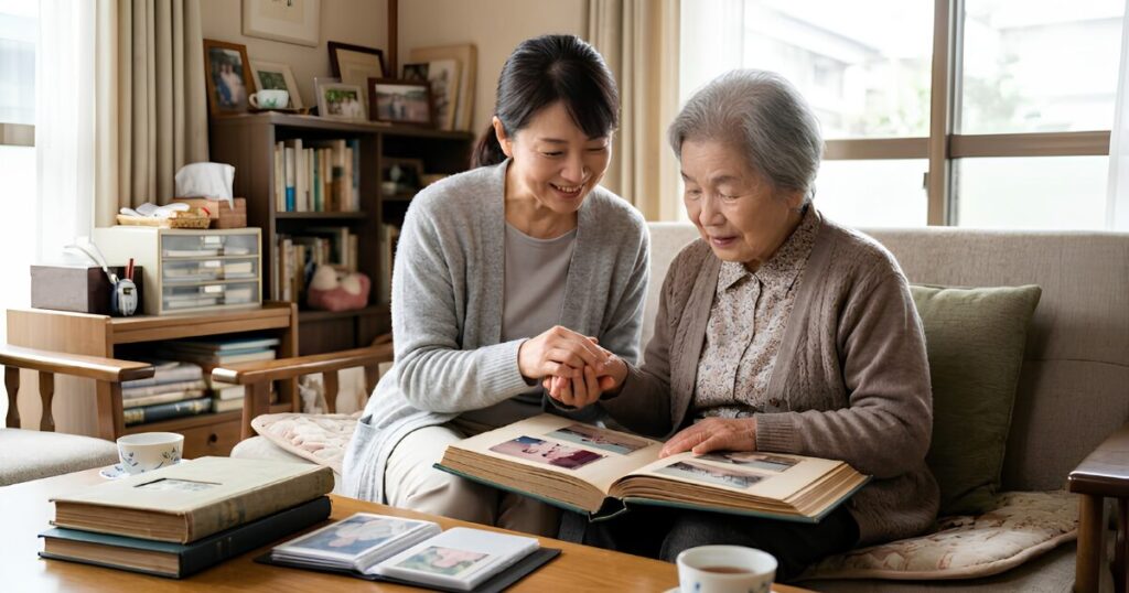 実家で、50代の娘が高齢の母親に寄り添い、昔のアルバムを開きながら優しく思い出話を聞き、整理を提案する様子。