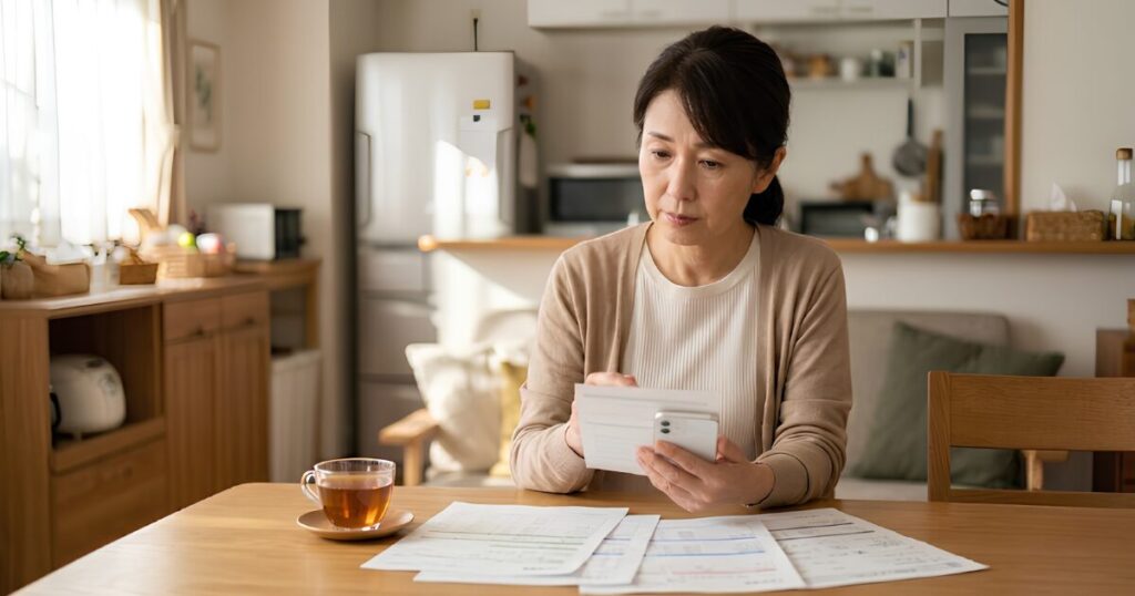 リビングルームのテーブルで、真剣な表情でスマートフォンの家計簿アプリと銀行の書類を確認する、少し悩みがちな様子の日本人主婦。