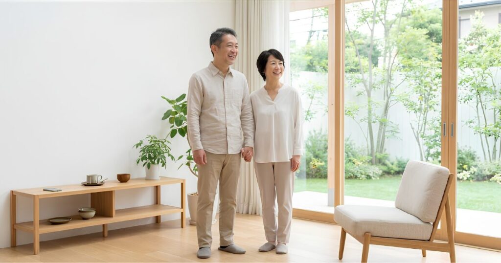 不要な物や見栄を手放し、すっきりと片付いた開放感のあるリビングで笑顔で手をつなぐ50代の日本人夫婦