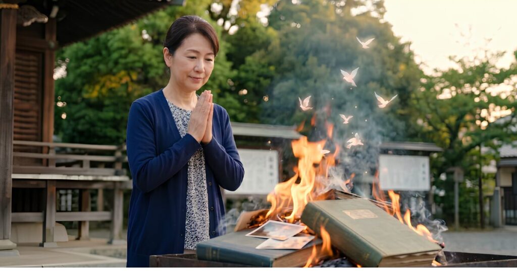 神社の境内で、古いアルバムや写真をお焚き上げ供養し、感謝とともに気持ちに区切りをつける50代の日本人女性。