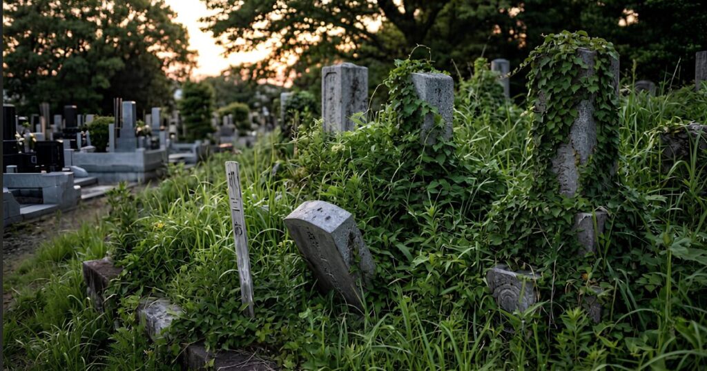 雑草が生い茂り、手入れがされていない寂しい日本の無縁墓地。管理料の未洗いや後継者不足により放置されたお墓のリスクを視覚的に表現。