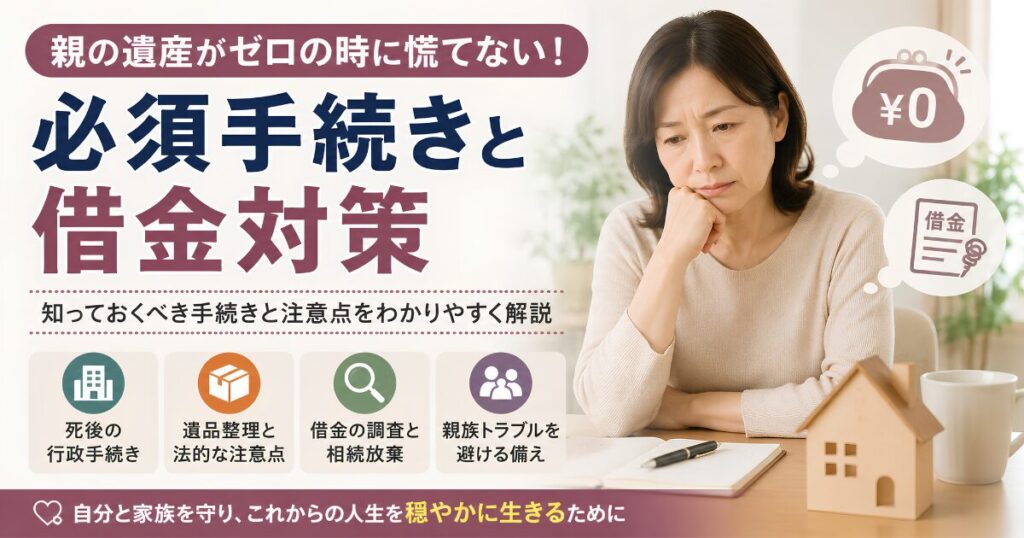 親の遺産がゼロだった場合に必要な行政手続き、借金調査、相続放棄、遺品整理の注意点を解説するアイキャッチ画像