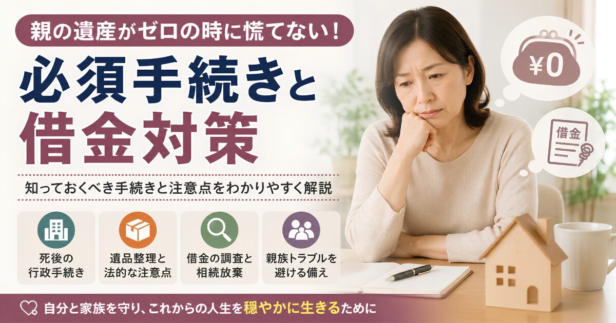 親の遺産がゼロだった場合に必要な行政手続き、借金調査、相続放棄、遺品整理の注意点を解説するアイキャッチ画像