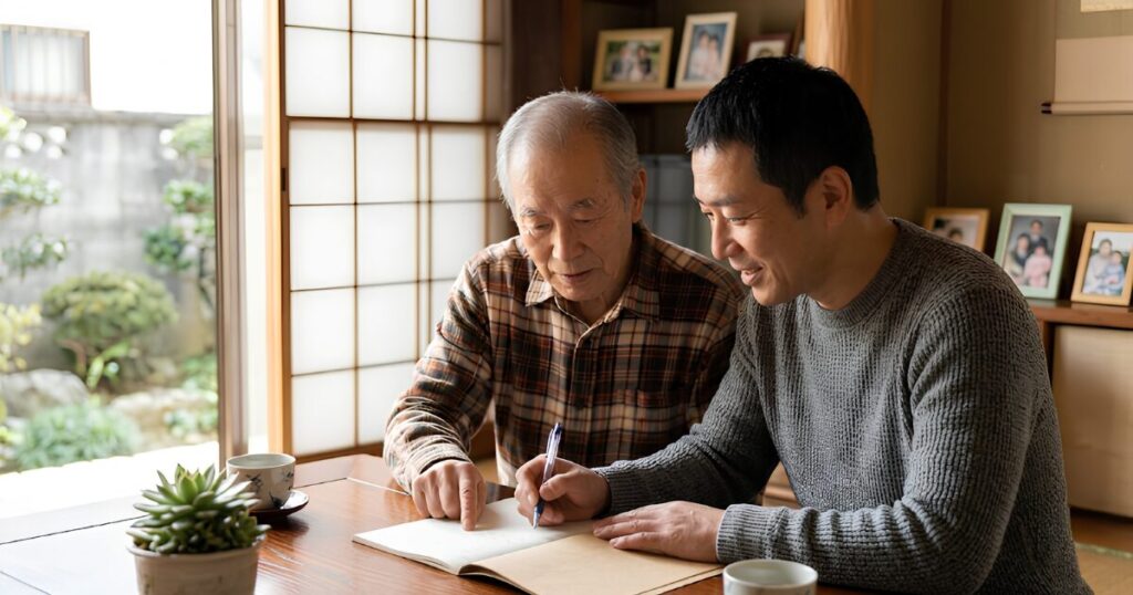 高齢の両親が住む日本の実家で、80代の親と50代の息子が向き合い、エンディングノートを一緒に書いている様子。親の終活と相続の準備。