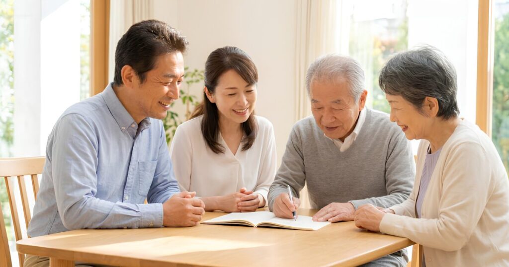 木製のテーブルを囲み、穏やかな表情でエンディングノートを一緒に見つめる、日本人の親子（子世代と高齢の親世代）の家族団らんの風景。終活の第一歩である、家族の協力をイメージ。