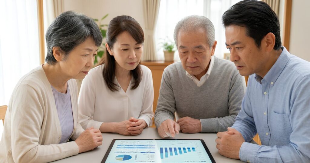 親の預貯金口座の凍結リスク対策として、タブレットに表示された相続税シミュレーションの結果を指差す息子と、それを真剣な表情で見つめる高齢の日本人男性（80代）、そして寄り添う家族。資産の見える化と対策の重要性を、家族全員で共有している様子。