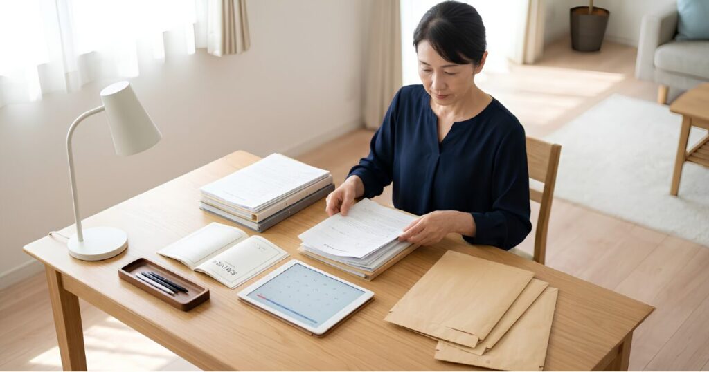 親の遺産がゼロ（なし）とわかった後に必要となる、死亡届や年金停止などの行政手続きをデスクで整理・準備する、50代の日本人女性。