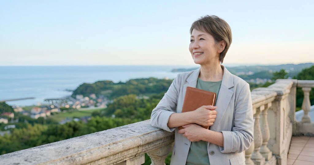 完成したエンディングノートを胸に抱き、晴れやかな表情で海辺の景色を眺める、死後の不安が解消された日本人の独身女性。