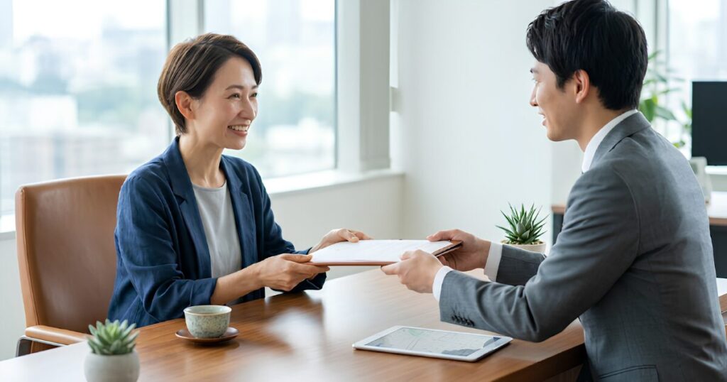 霊園の相談窓口で、安心した表情でスタッフと生前予約の契約書を交わす、終活プランを実行に移した日本人の独身女性。