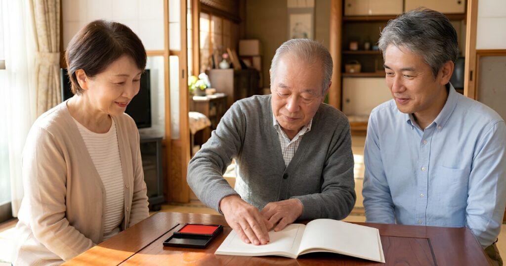 自宅で和やかにエンディングノートを囲む日本の高齢夫婦と息子（終活アドバイザー）。お墓の問題解決に向けた家族会議が成功し、安堵と希望に満ちた表情を浮かべている。