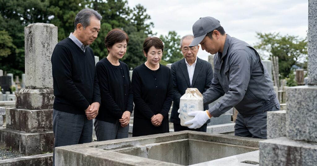日本の古い墓地で、石材店スタッフ立ち会いのもと、ご遺骨が慎重に取り出される様子。墓じまい（改葬）における重要な儀式の一場面。