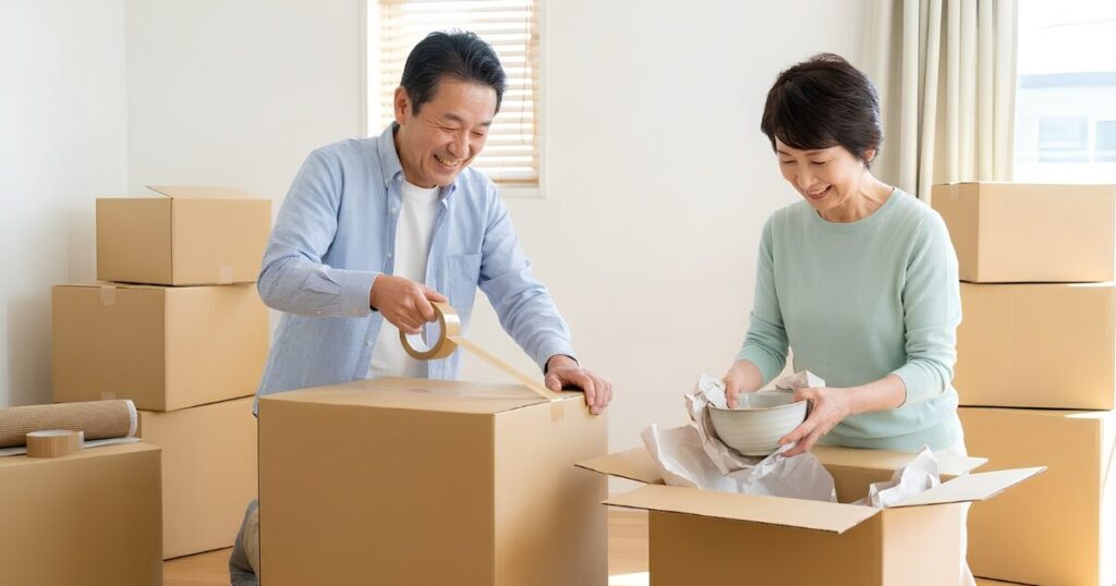 元気に引っ越しの梱包作業を行う日本のシニア夫婦。60代前半の気力・体力がある時期に住み替えを進めるポジティブな様子。