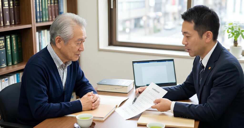 司法書士事務所の相談室で、高齢の日本人男性が司法書士から「死後事務委任契約」の仕組みについて説明を受けている様子。おひとりさまの終活対策。