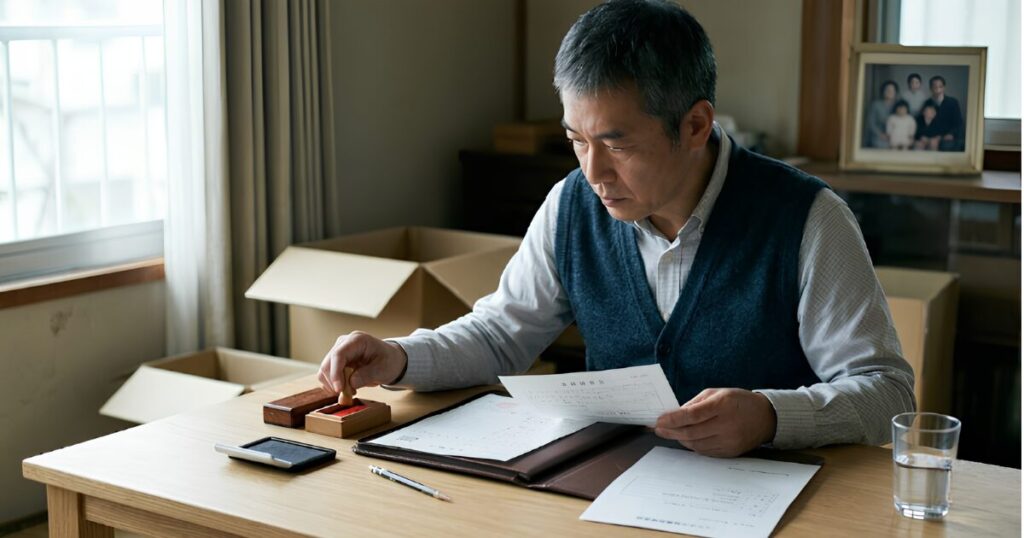 亡くなった親の書斎と思われる部屋で、50代の日本人男性が、真剣な表情で古い机に向かっている。彼は、親の戸籍謄本や自身の本人確認書類を傍らに置き、信用情報機関へ提出するための開示請求書類を、郵送用に丁寧に封筒に入れている。
