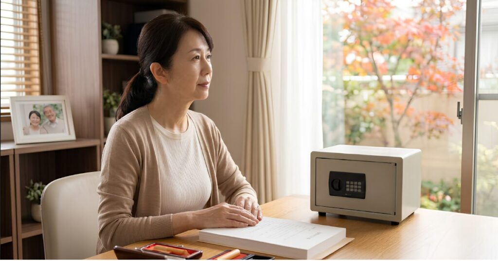適切な対策を終え、自宅の窓辺で穏やかな笑顔を浮かべ、外の景色を眺める日本人女性。テーブルには整頓された遺言書の控えが置かれている。