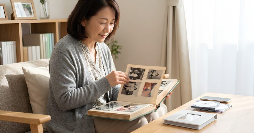 終活の一環として、明るいリビングで古いアルバムを整理し、デジタル化も進める50代の日本人女性。
