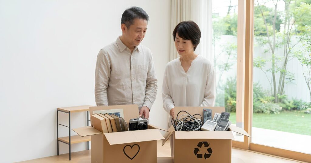 過去のライフスタイルの遺物である古い電化製品や大量の配線コードを段ボールにまとめて処分する50代の日本人夫婦
