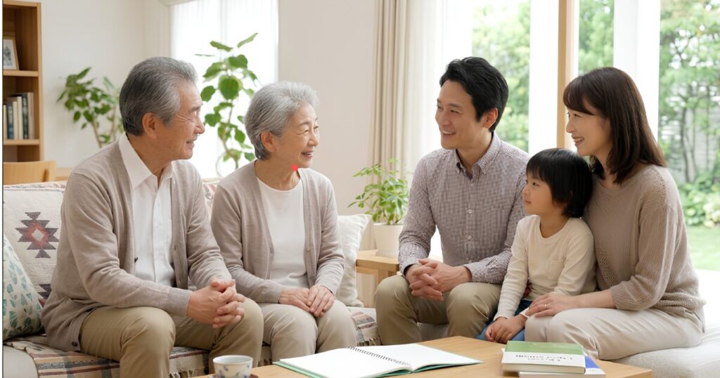 終活の準備を無事に終え、リビングのテーブルにあるエンディングノートを囲んで、穏やかな笑顔を浮かべる高齢の日本人夫婦（70代後半）と、それを温かく見守り、寄り添う息子夫婦（40代）。家族全員が安心感に包まれた、理想的な老後のイメージ。