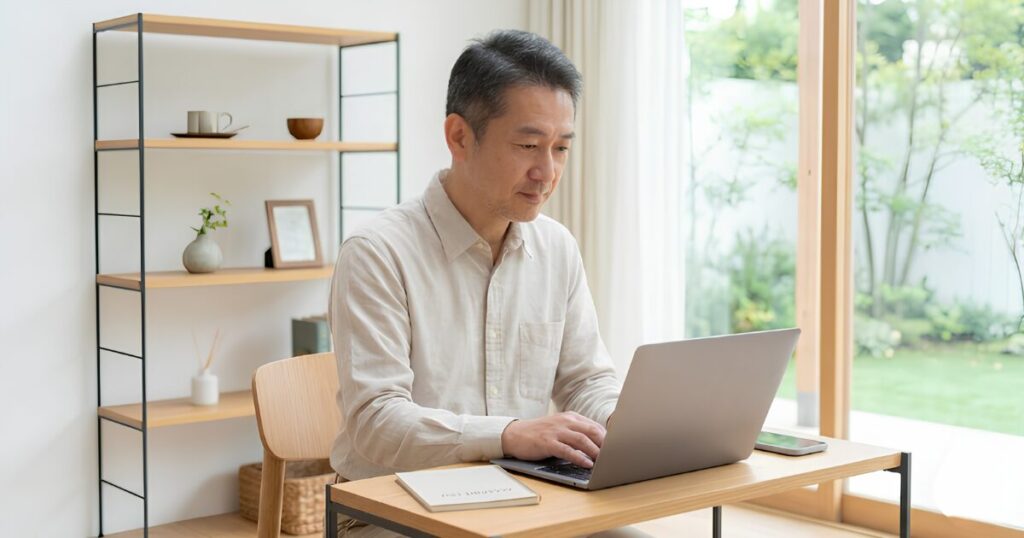デジタル遺品トラブルを防ぐためにノートパソコンを使って不要なサブスクリプションの解約手続きを行う50代の日本人男性