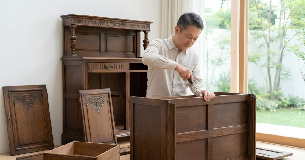将来の遺品整理費用を抑えるリスクマネジメントとして、自宅の大きな木製家具を工具で解体する50代の日本人男性