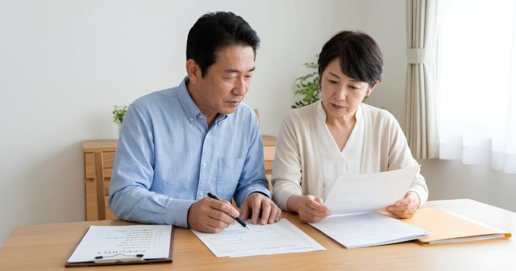 引っ越しに伴う手続きを整理する日本のシニア夫婦。デスクで書類を前に確認し、介護保険や年金などの住所変更手続きリストを作成している。
