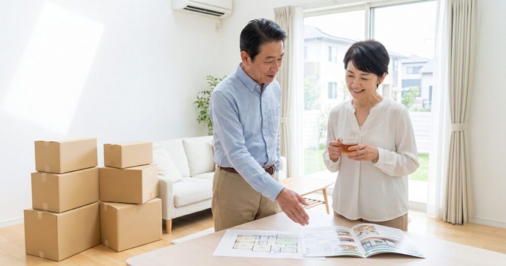 住み替えの計画を立てる日本のシニア夫婦。リビングで間取り図や資料を見ながら話し合っている。終活の一環としての新しい暮らしのスタートを描写。