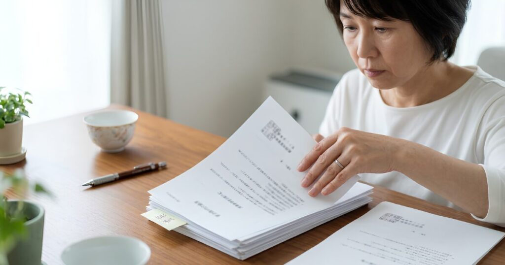 自宅のデスクで、真剣な表情で不動産の売買契約書や領収書などの重要書類を整理し、保管用ファイルにまとめる50代の日本人女性。資産防衛。
画像6	H3「デジタル世代の盲点！スマホの遺品整理」直下	digital-shukatsu-smartphone-password-memo.webp	スマホの遺品整理：IDとパスワードのアナログ保管	自宅のデスクで