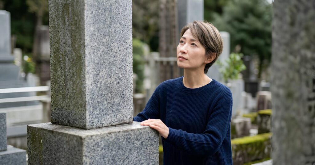 実家の先祖代々の墓の前に立ち、お墓を見つめながら自分がそこに入るべきか思考を巡らせる日本人の独身女性。