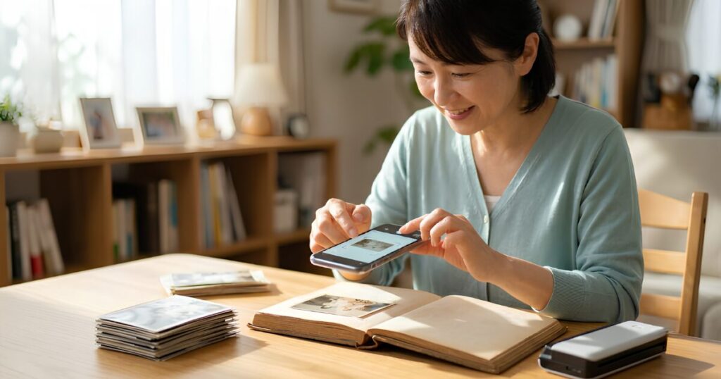自宅のテーブルで、スマートフォンと専用アプリを使って、古いアルバムの写真を一枚ずつデジタル化する日本人女性