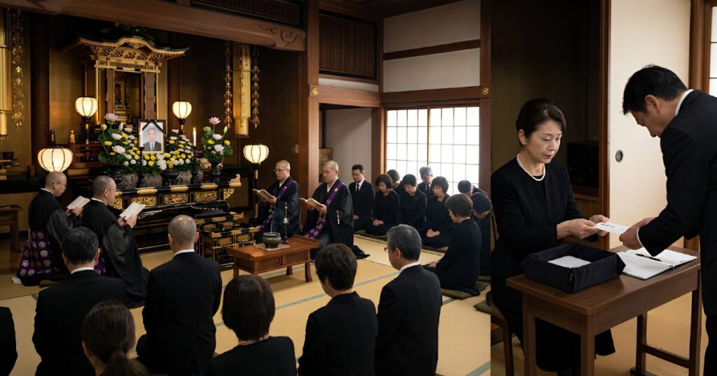 静かな斎場で執り行われる伝統的な日本の葬儀（通夜）の風景。黒い喪服を着た日本人女性（喪主）が、参列者から差し出された香典袋を、丁寧な所作で受け取っている。香典は喪主への贈り物であることを視覚的に伝える。