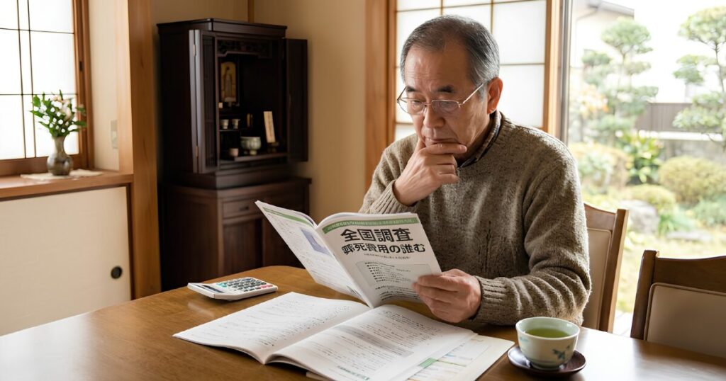 葬儀費用の全国調査資料を真剣に読み込み、自身の葬儀費用相場について情報収集をする高齢日本人男性。