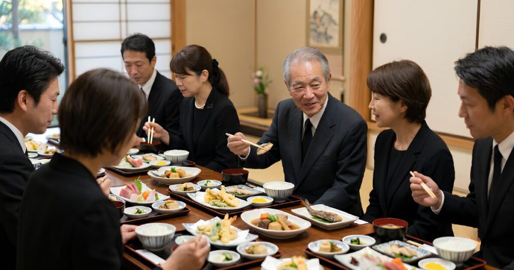 葬儀後の食事会（精進落とし）で、和やかな雰囲気の中で料理を楽しむ喪主と参列者の日本人男性たち。葬儀費用における飲食費の具体例。