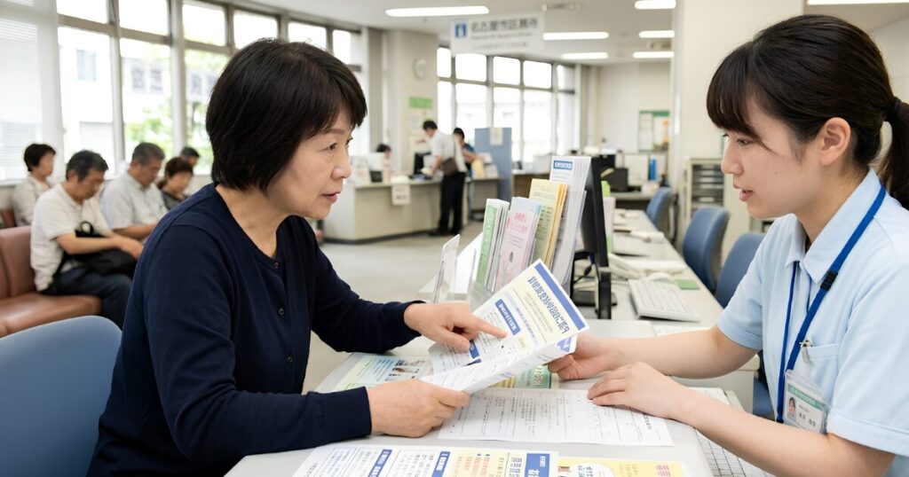 役所窓口で、職員から「葬祭費支給申請」の案内パンフレットを手に取り、公的支援制度について相談する日本人女性。