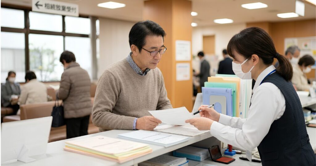 家庭裁判所の受付窓口で、職員の案内を受けながら「相続放棄申述書」を提出する日本人男性。多額の借金から身を守るため、正式な法的手続きを行う様子を写した写真。