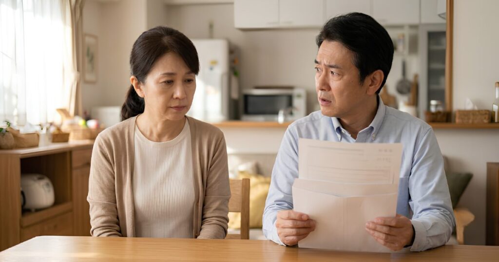 自宅のリビングで、銀行からの不審な郵便物（封筒）を受け取り、疑問と不安げな表情で内容物を確認する日本人男性（夫）。