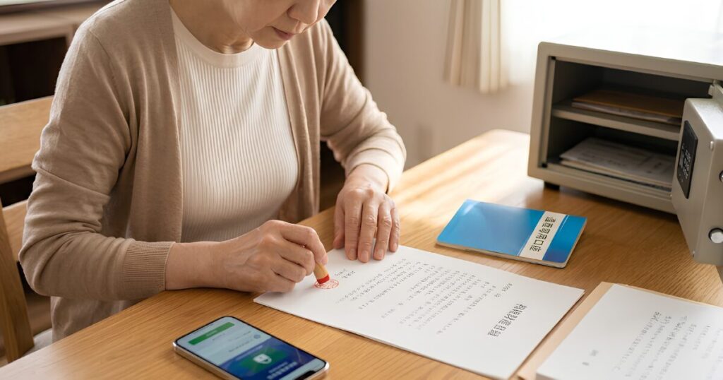 自宅のデスクで、真剣な表情の日本人女性が、自身の名前が記された相続財産目録に実印を押印し、遺産専用口座の通帳と共に保管ケースに収める手元のアップ。