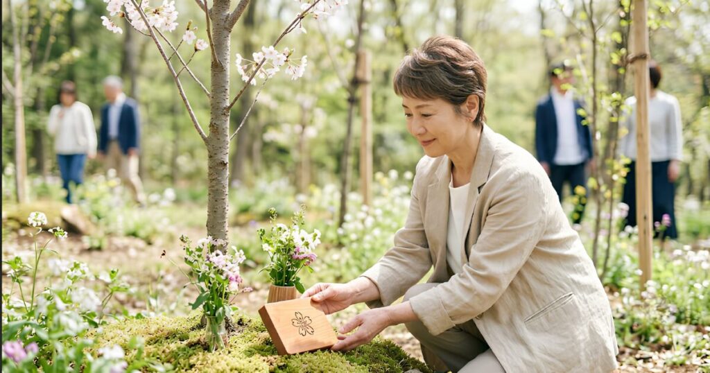 木漏れ日の中で、緑豊かな樹木葬の墓地のシンボルツリーのふもとに、穏やかな表情で手を合わせる日本人の独身女性。