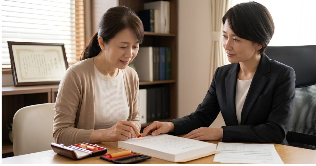 静かな公証役場の相談室で、女性公証人（日本人女性）の見守る中、自身の遺言書に署名・捺印をする、決意を秘めた表情の日本人女性
