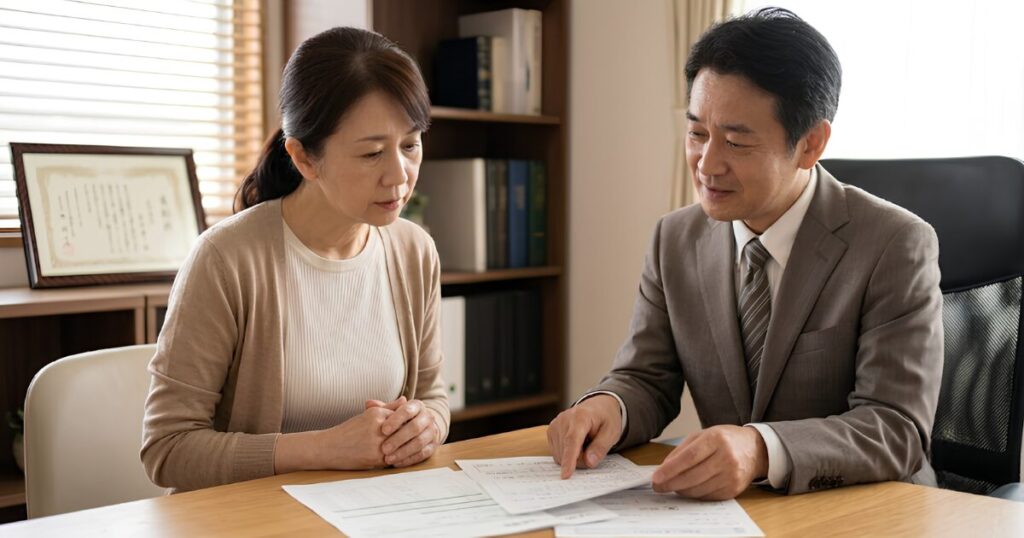税理士事務所の相談ブースで、真剣な表情で税理士（日本人男性）の説明を聞きながら、相続税に関する書類を確認する日本人女性（主婦）。